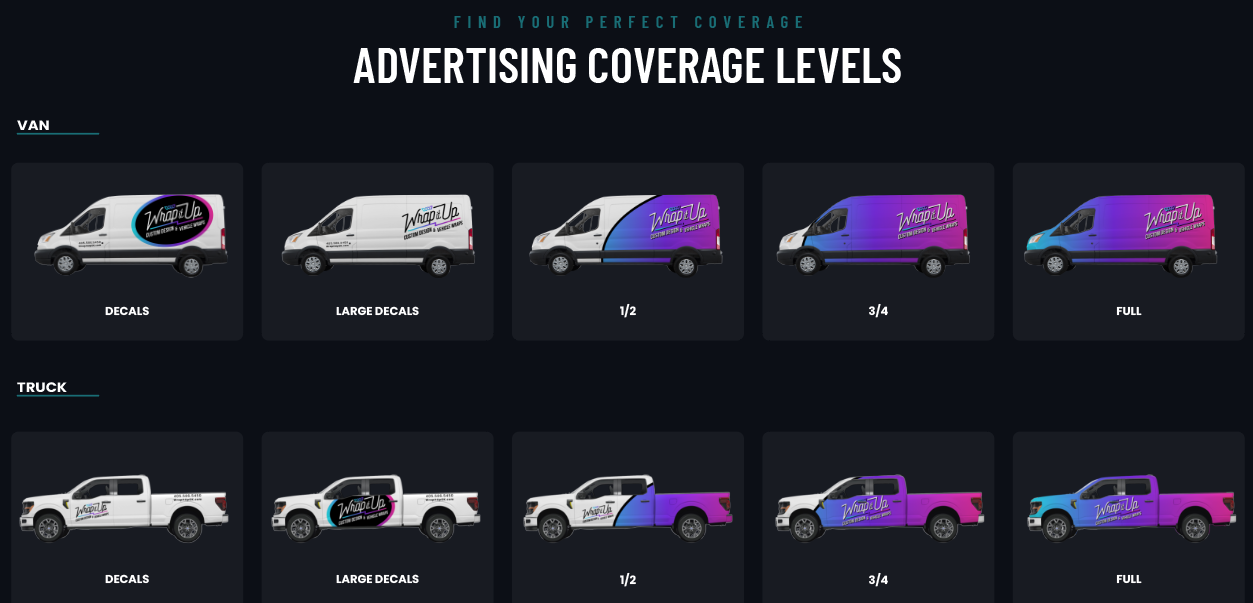 Advertising wrap coverage levels on a van and a pickup truck: decals, large decals, 1/2 wrap, 3/4 wrap, and full wrap shown side by side