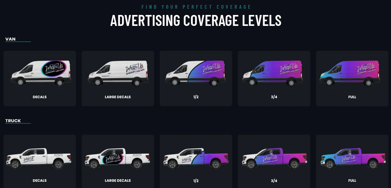 Advertising wrap coverage levels on a van and a pickup truck: decals, large decals, 1/2 wrap, 3/4 wrap, and full wrap shown side by side